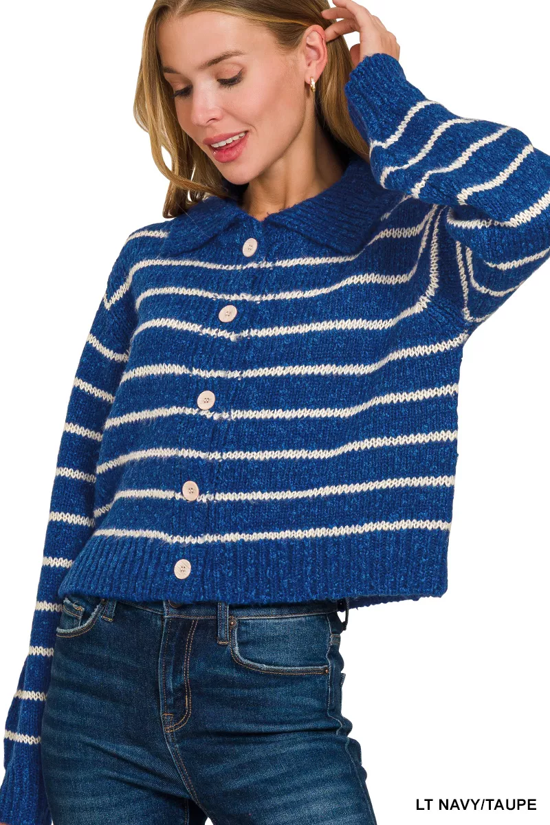 Striped Collared Button Down Sweater Cardigan, image 3