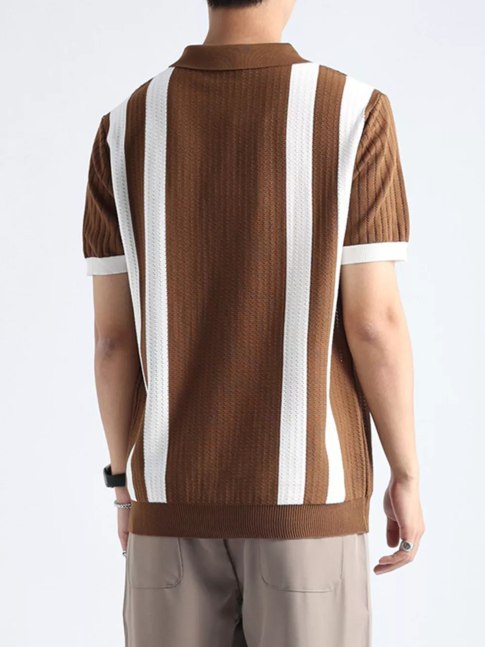Men's Plus Size Striped Knitted Polo with Zipper, image 6