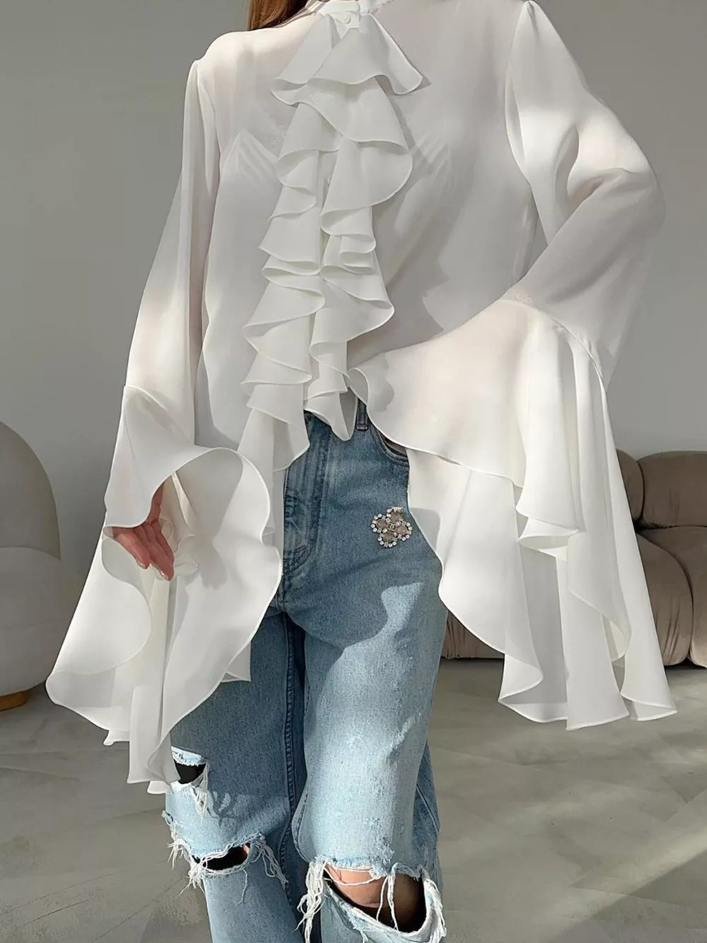 Ruffle Trim Flounce Sleeve Blouse, image 2