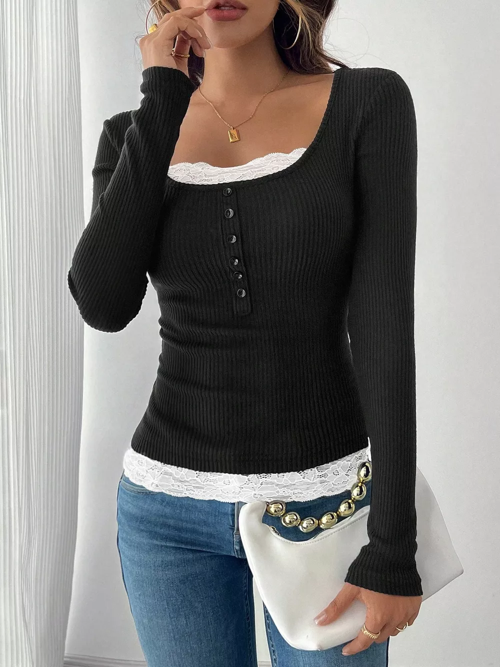 Lace Detail Long Sleeve T-Shirt, image 2