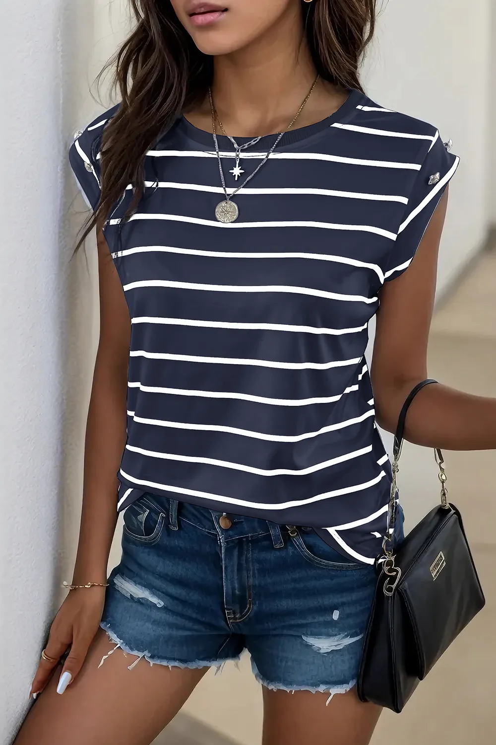 Decorative Button Round Neck T-Shirt, image 7