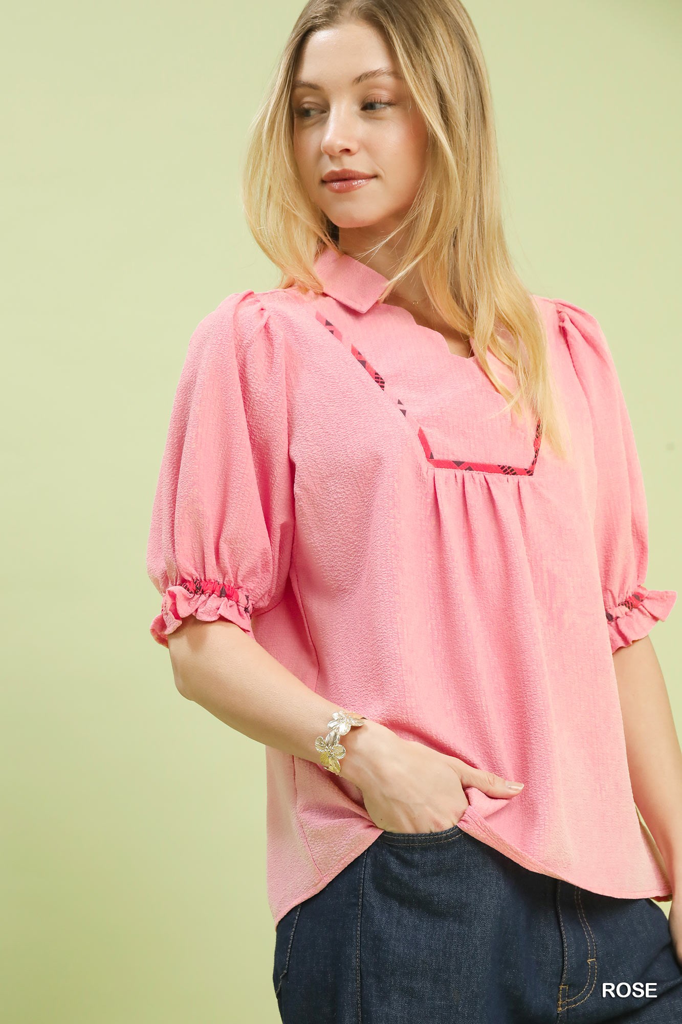 Scalloped Trim Blouse with Puff Sleeves, image 3