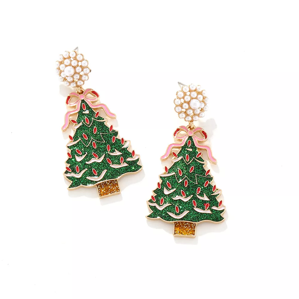 Christmas Tree Dangle Earrings with Pearl, image 4
