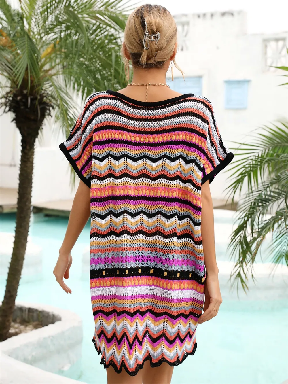 Rainbow Stripe Scalloped V-Neck Cover-Up Dress, image 2