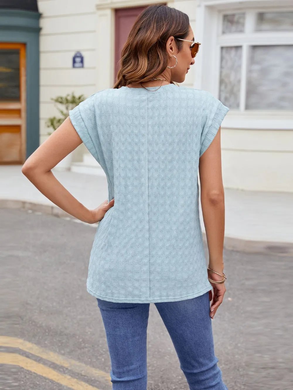 Textured Round Neck Cap Sleeve T-Shirt, image 4