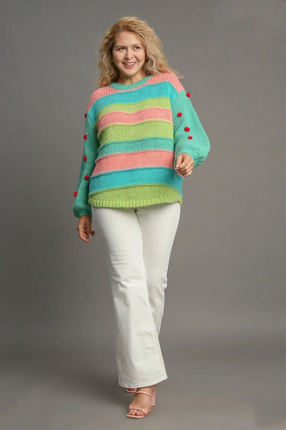 Full Size Color Block Cable Knit Sweater with Pom Pom Plus Size, image 6