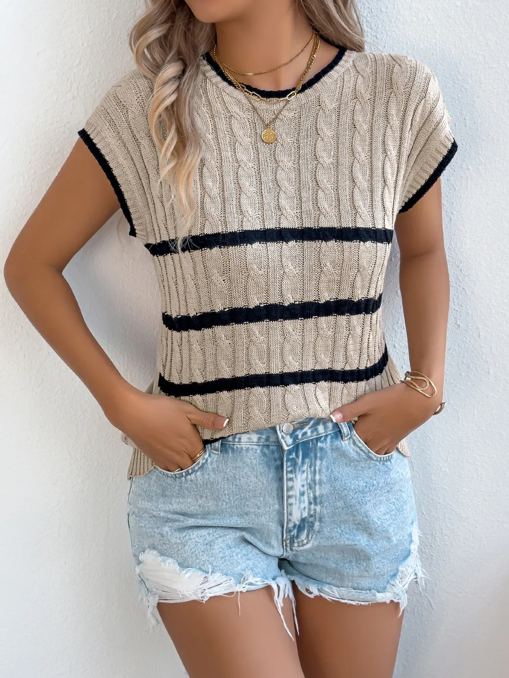 Cable-Knit Striped Round Neck Knit Top, image 7