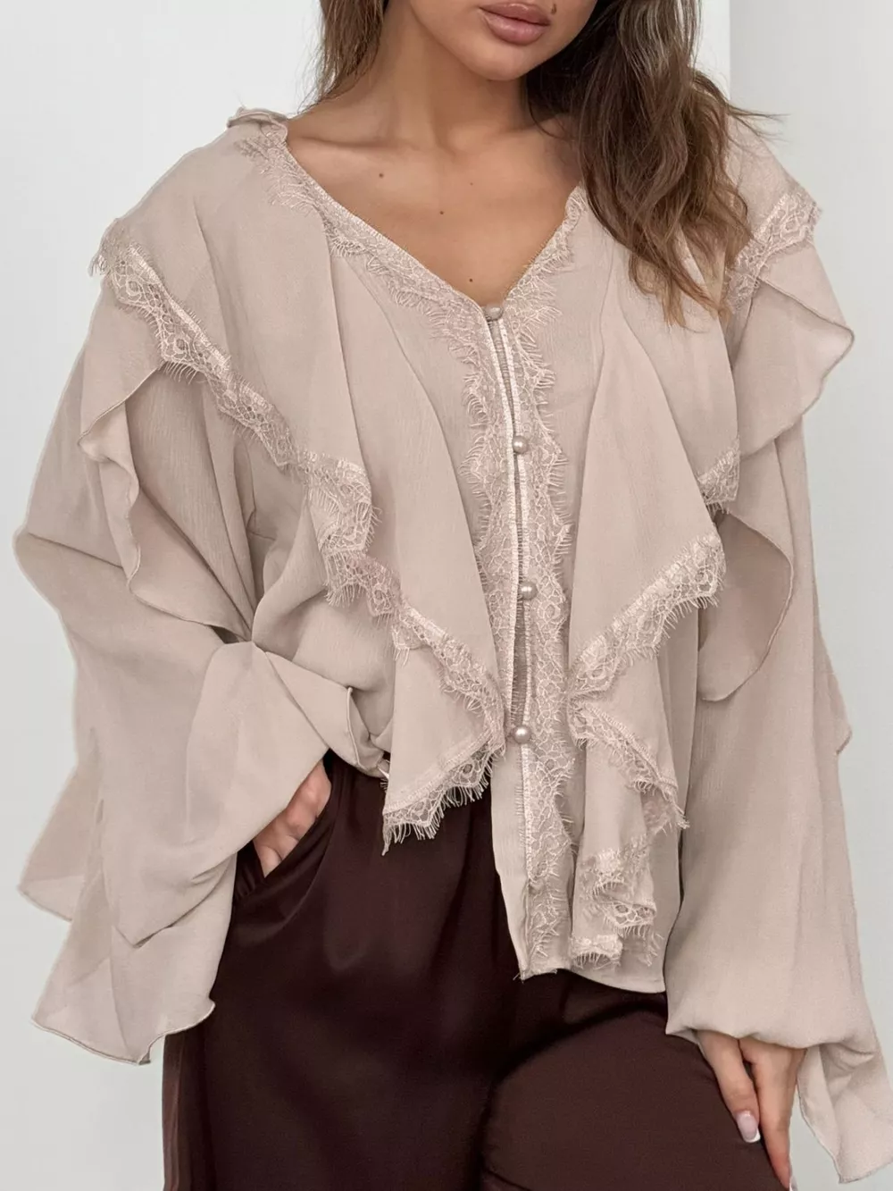 V-Neck Ruffled Lace Trim Blouse