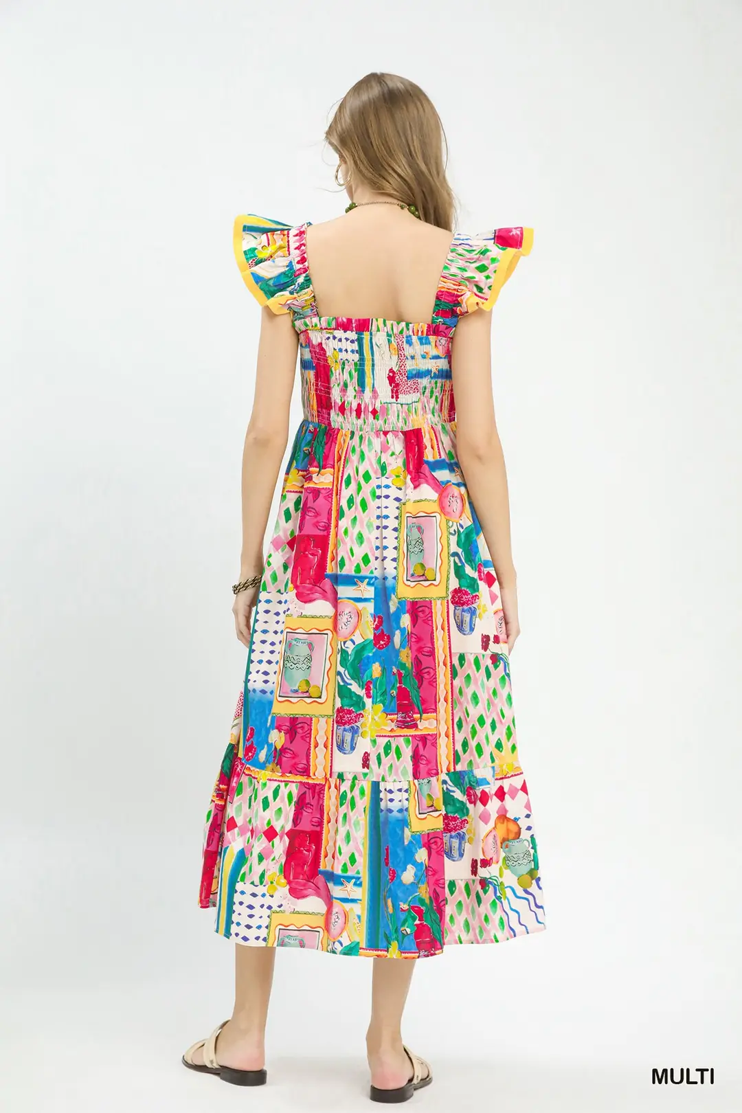 Abstract Print Smocked Ruffle Sleeve Tiered Midi Dress, image 4