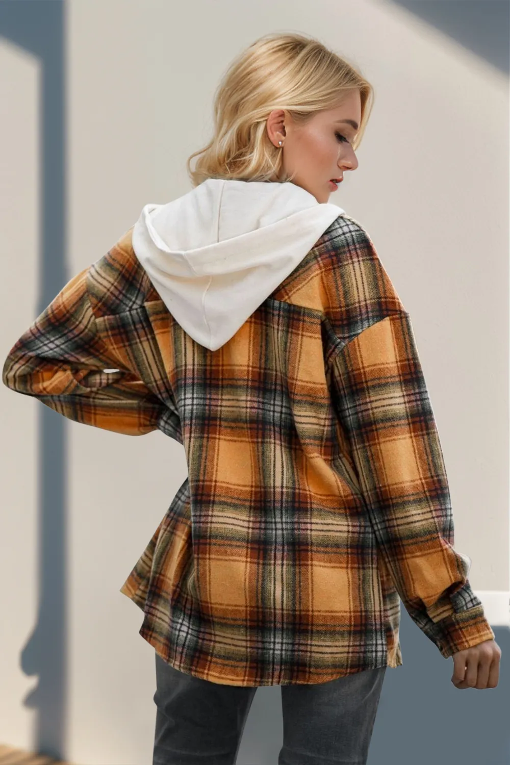 Drawstring Plaid Long Sleeve Hooded Shacket, image 2