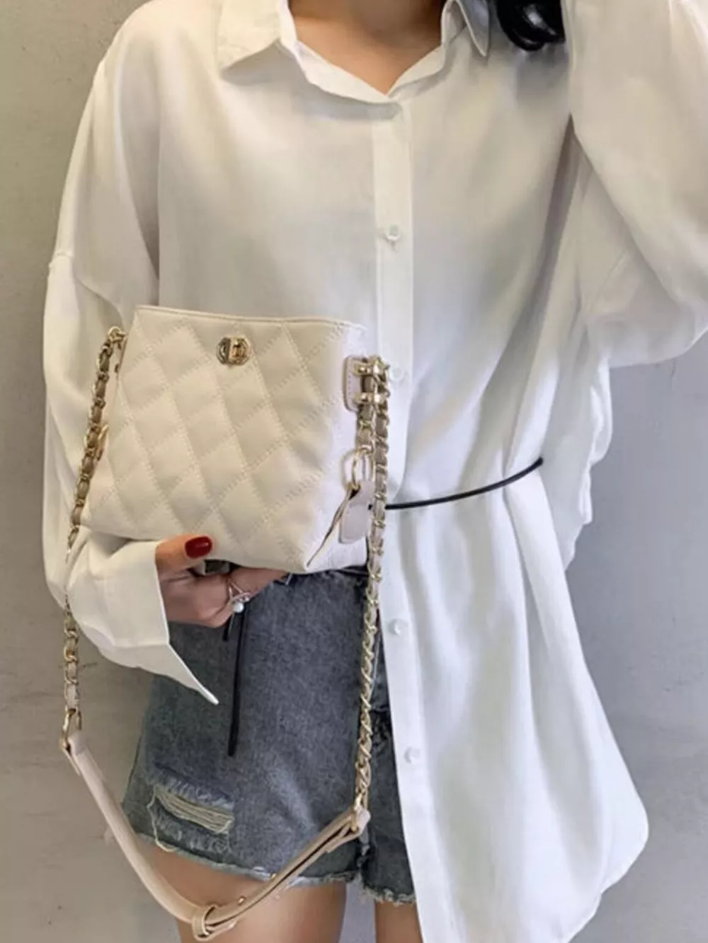 Quilted Bucket Crossbody Bag with Chain Strap, image 9