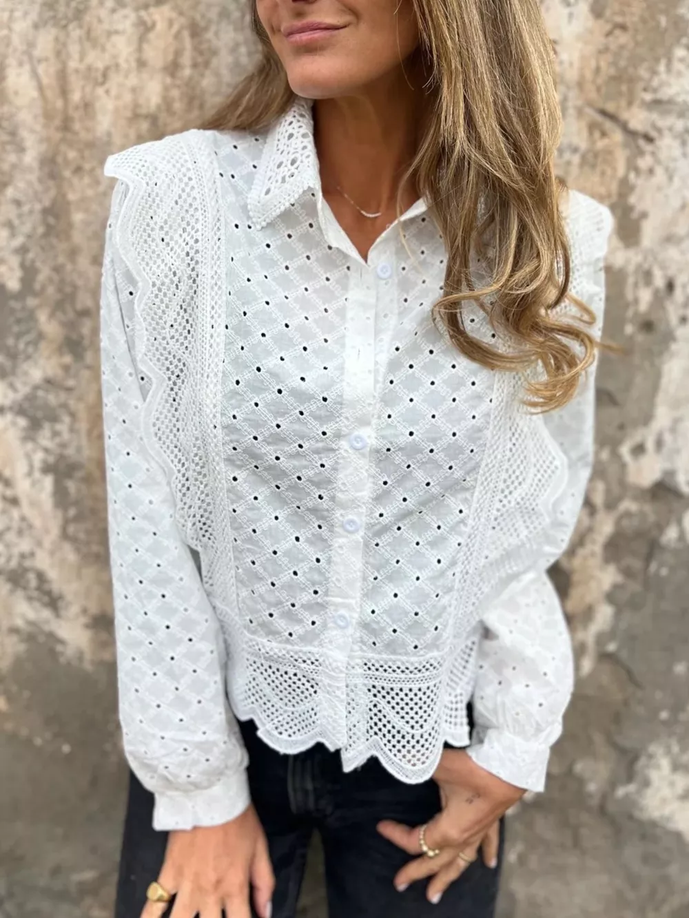 Eyelet Button-Up Shirt with Scalloped Hem, image 2