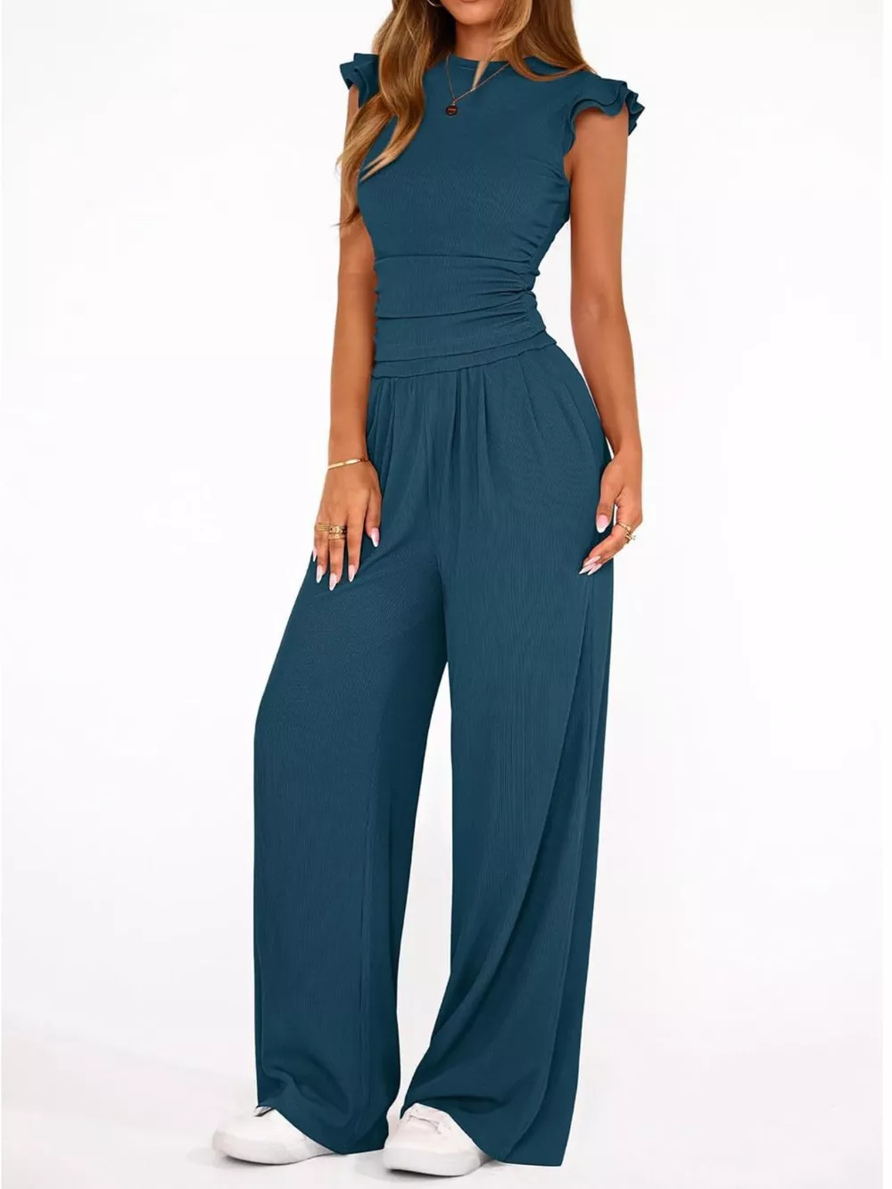 Ruffled Mock Neck Top and Wide Leg Pants Set, image 32