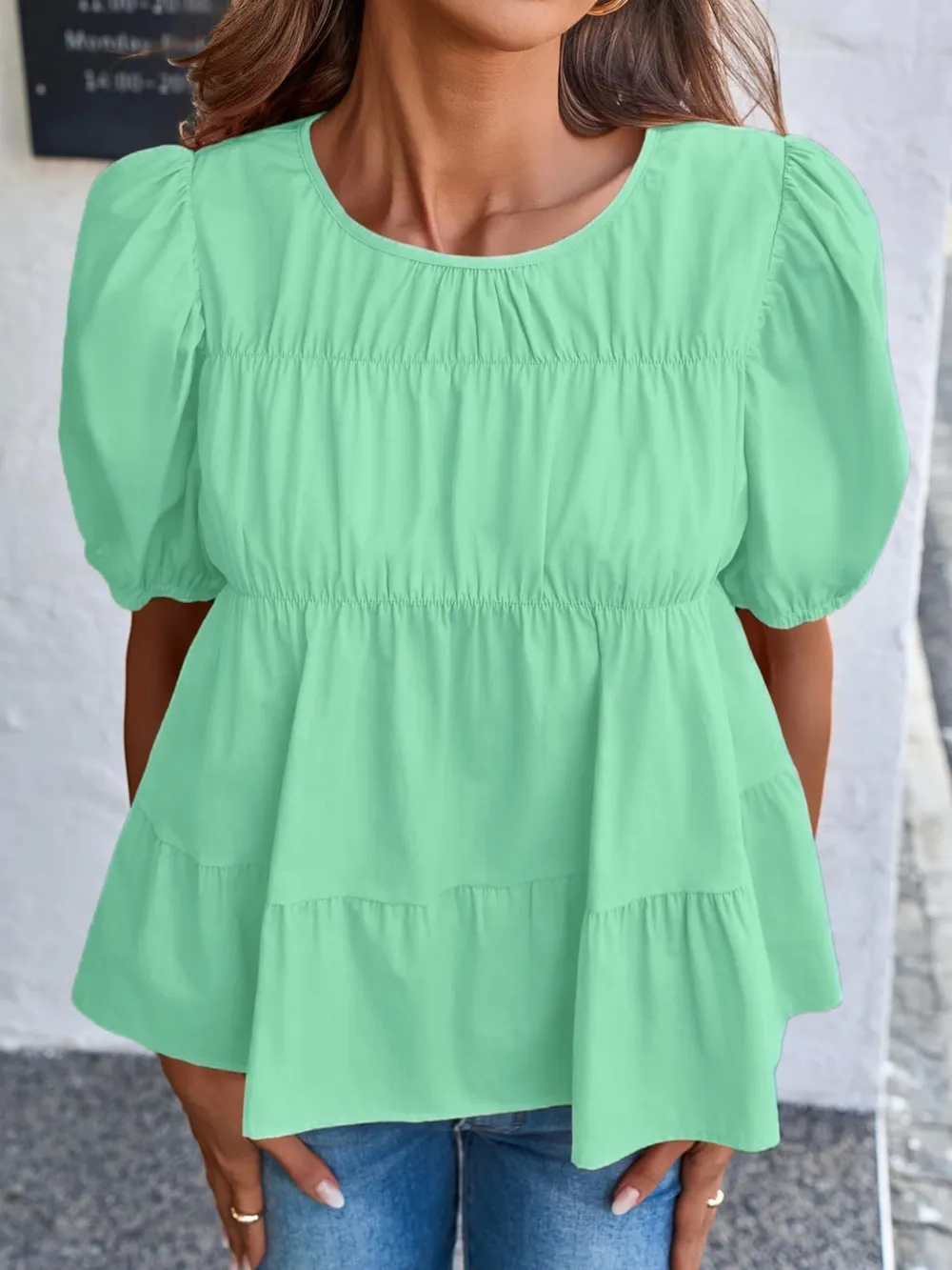 Tiered Round Neck Puff Sleeve Ruched Blouse, image 10