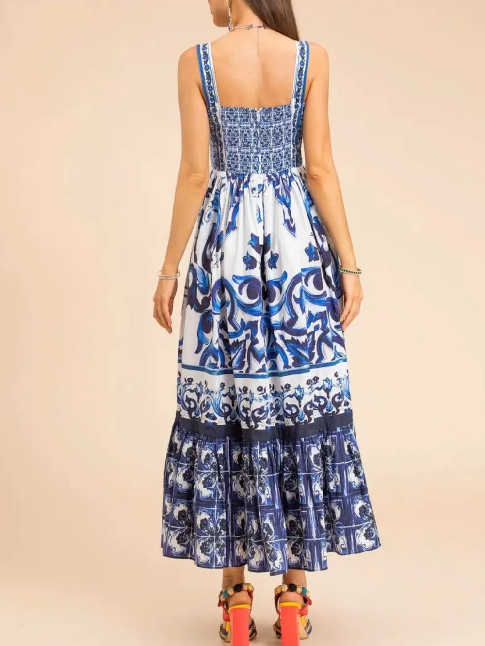 Smocked Printed Wide Strap Dress, image 4
