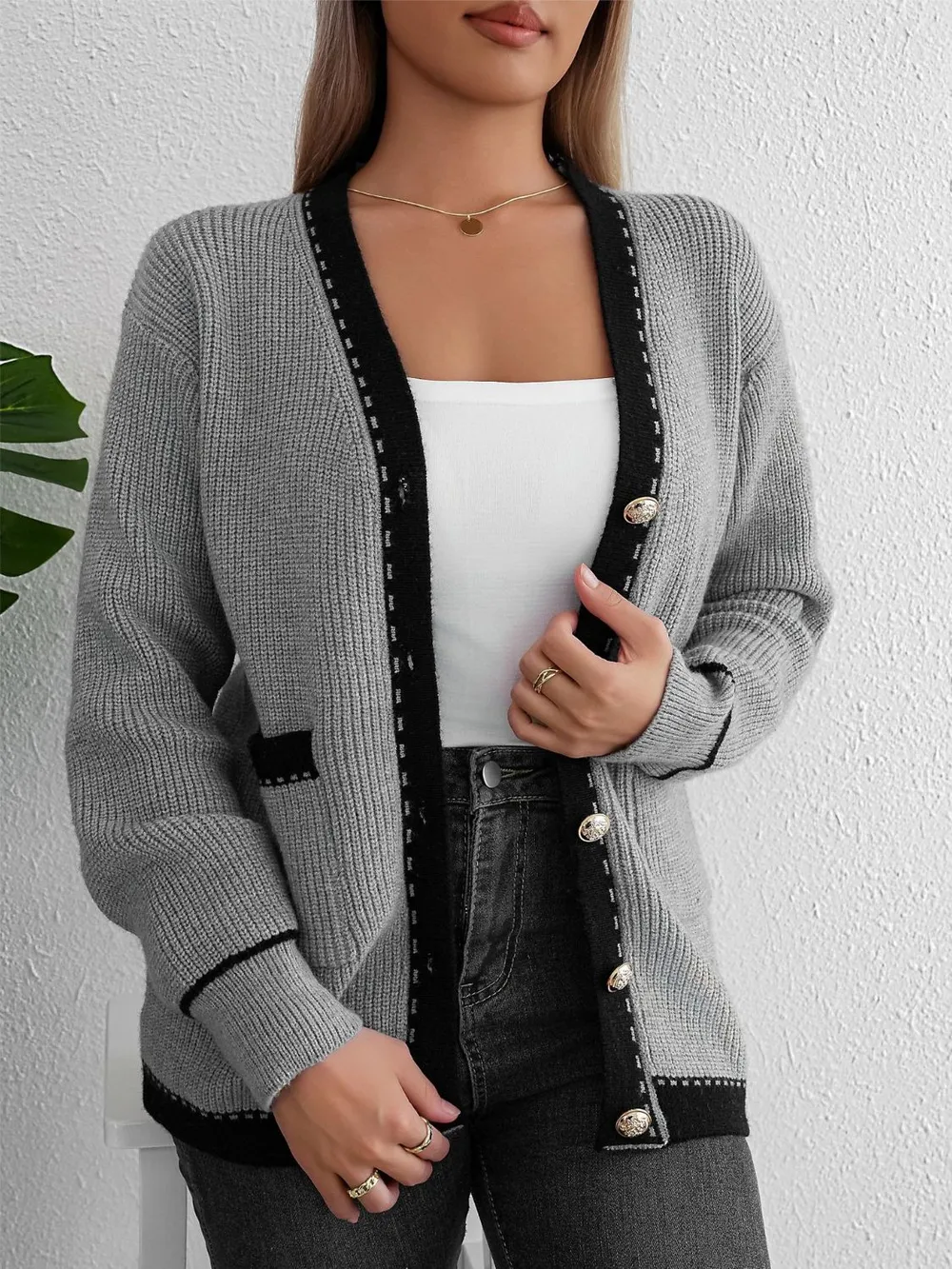 Contrast Trim Button Up Long Sleeve Cardigan, image 4