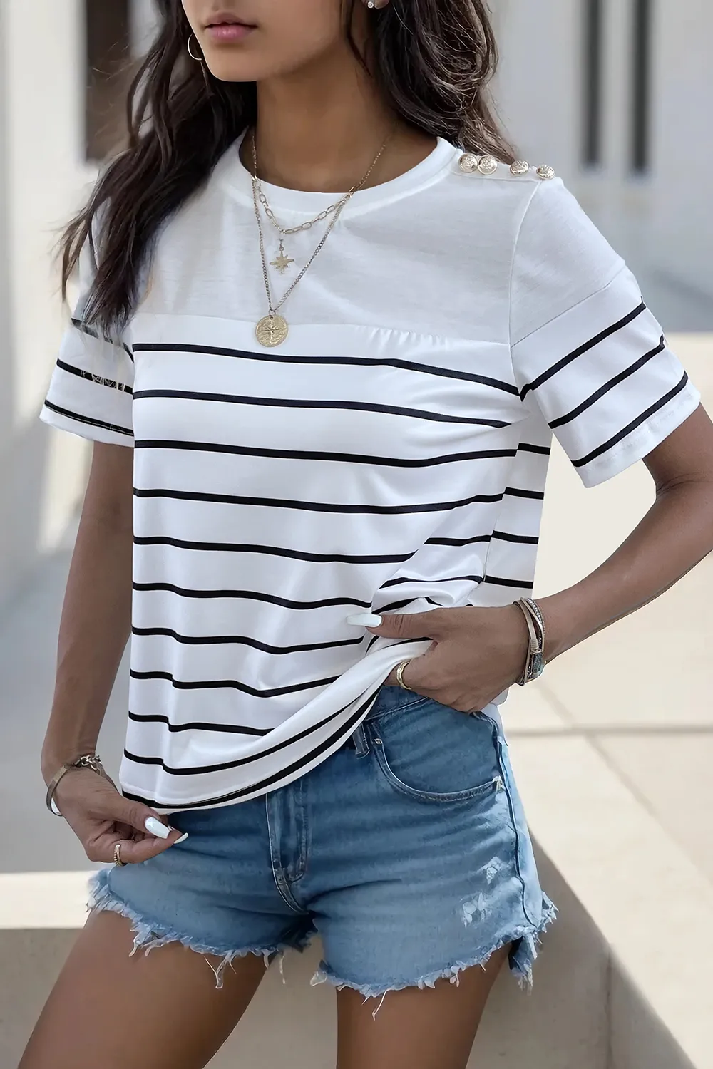 Decorative Button Striped Short Sleeve T-Shirt, image 3