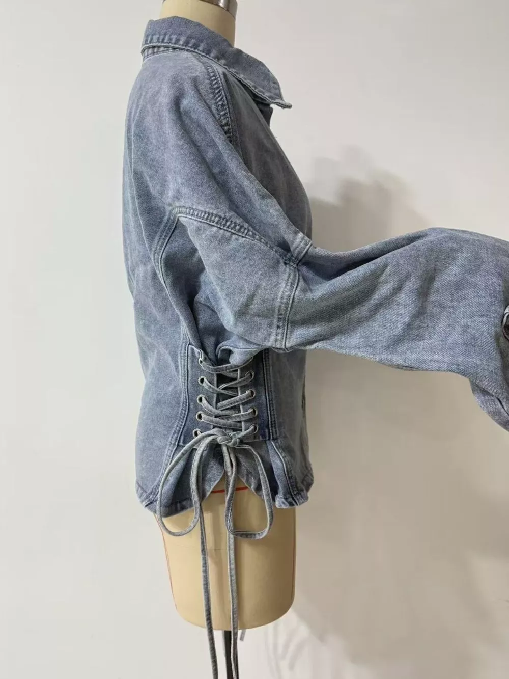 Button Down Lace-Up Side Denim Jacket, image 7