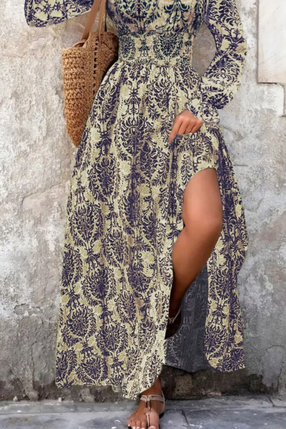 Printed V-Neck Long Sleeve Maxi Dress, image 3