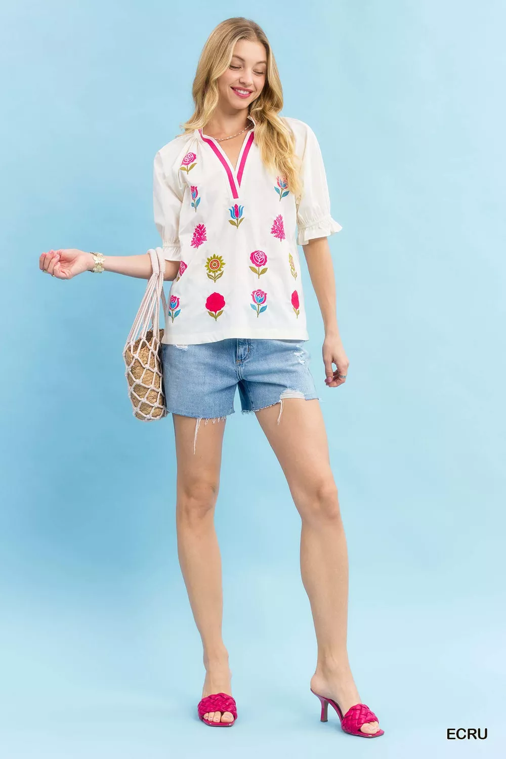 Embroidered Floral Top with Contrast Trim, image 3