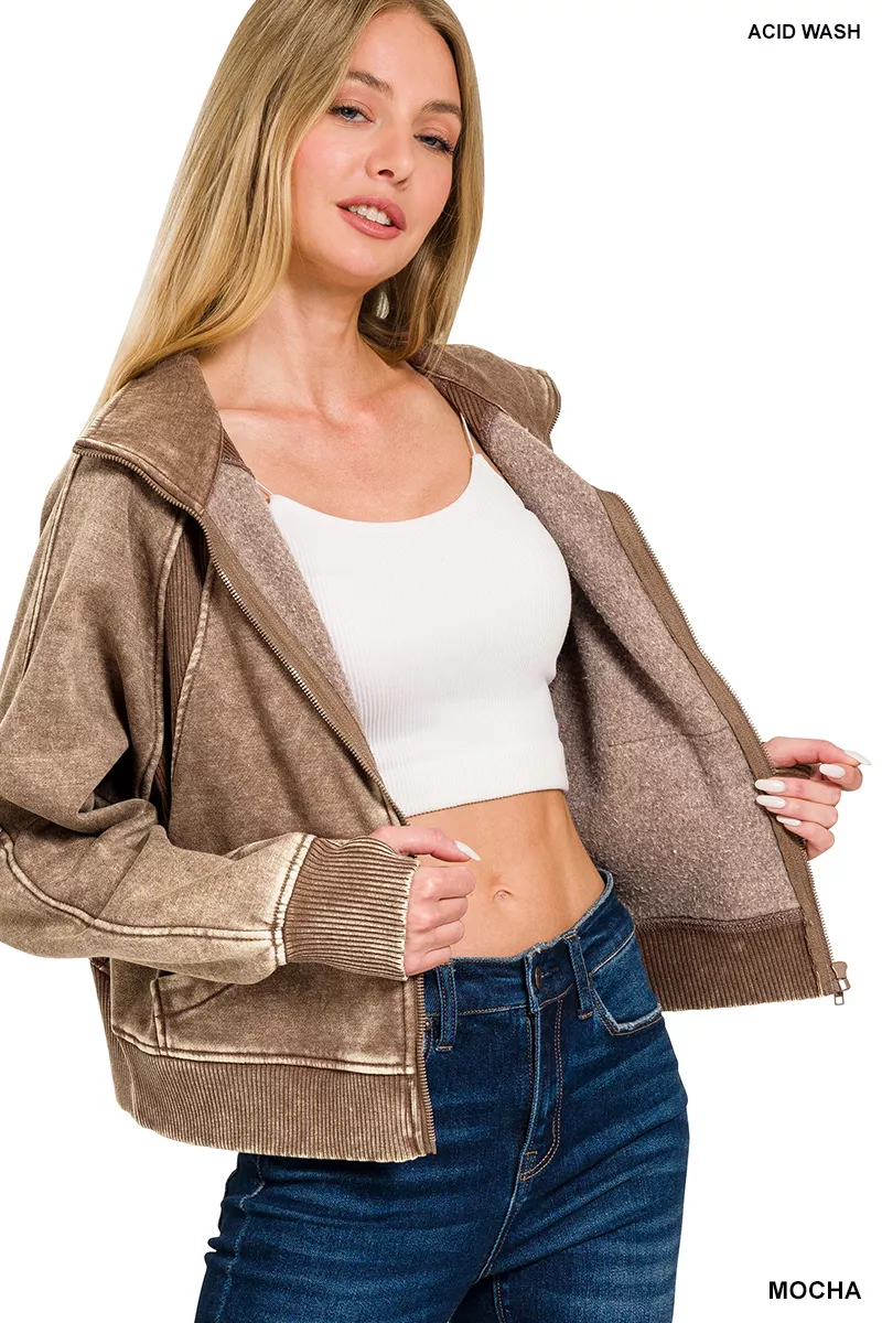 Acid Wash Zip Up Fleece Jacket, image 2