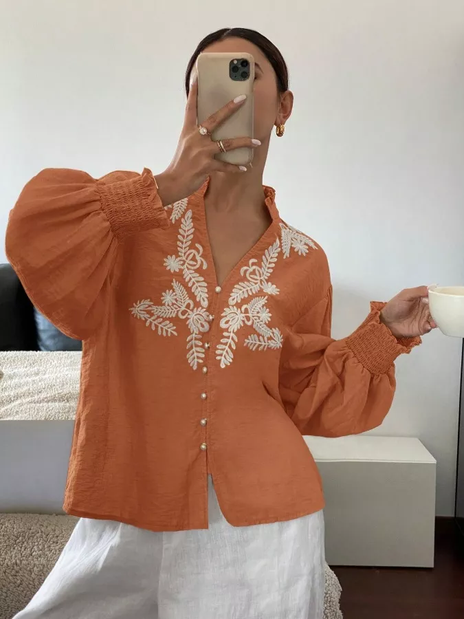 Embroidered Notched Long Sleeve Blouse, image 8
