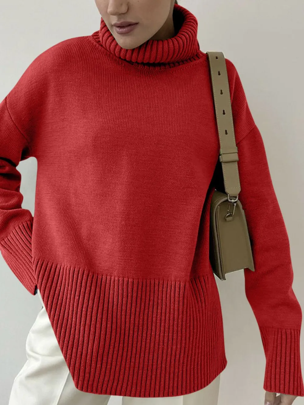 Side Slit Turtleneck Drop Shoulder Sweater, image 9