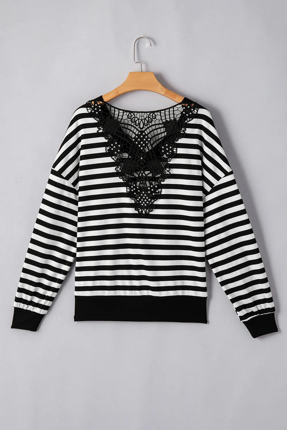Striped Lace Detail V Neck Top, image 3