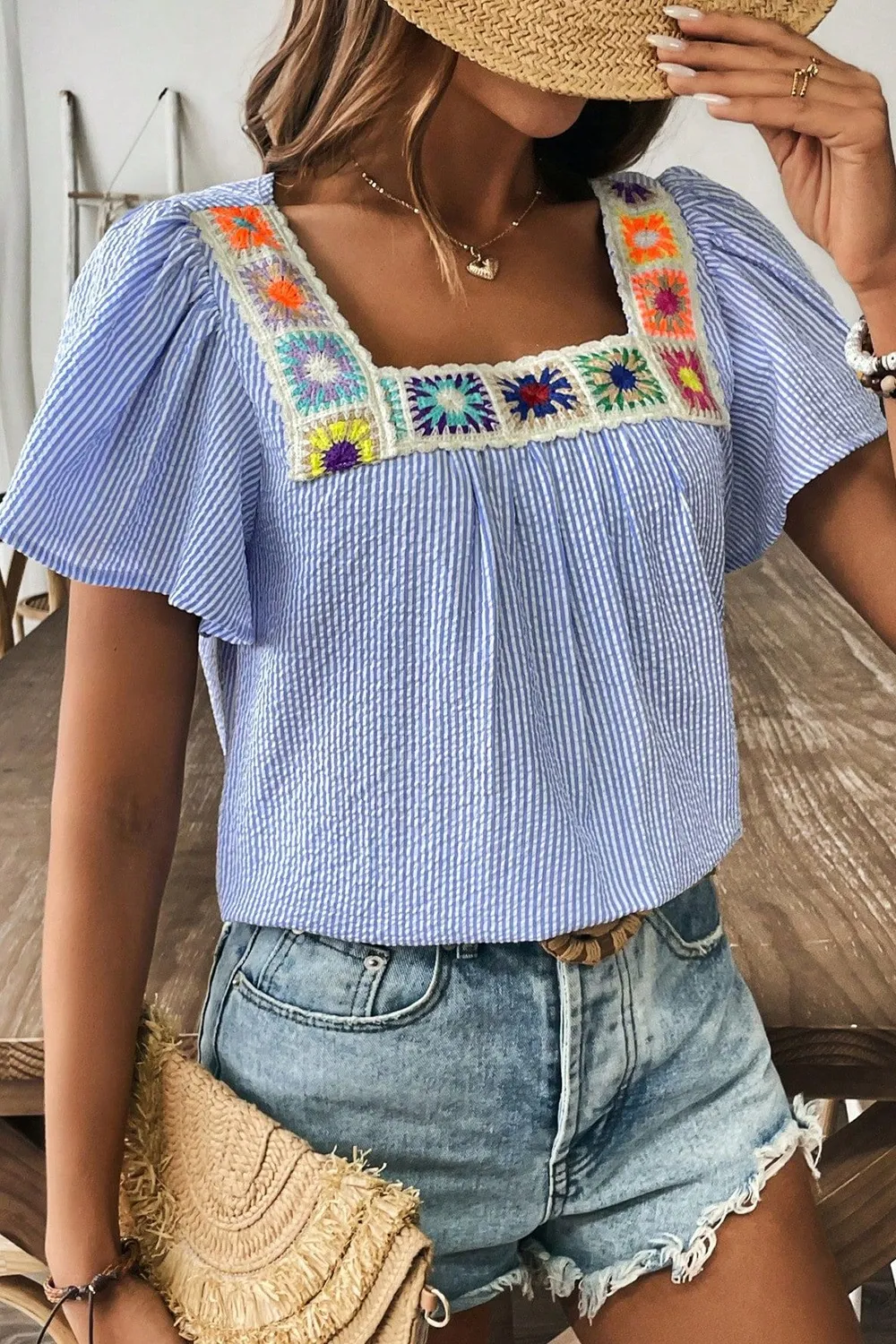 Stripe Textured Ruffle Short Sleeve Boho Detail Square Neck Blouse, image 2