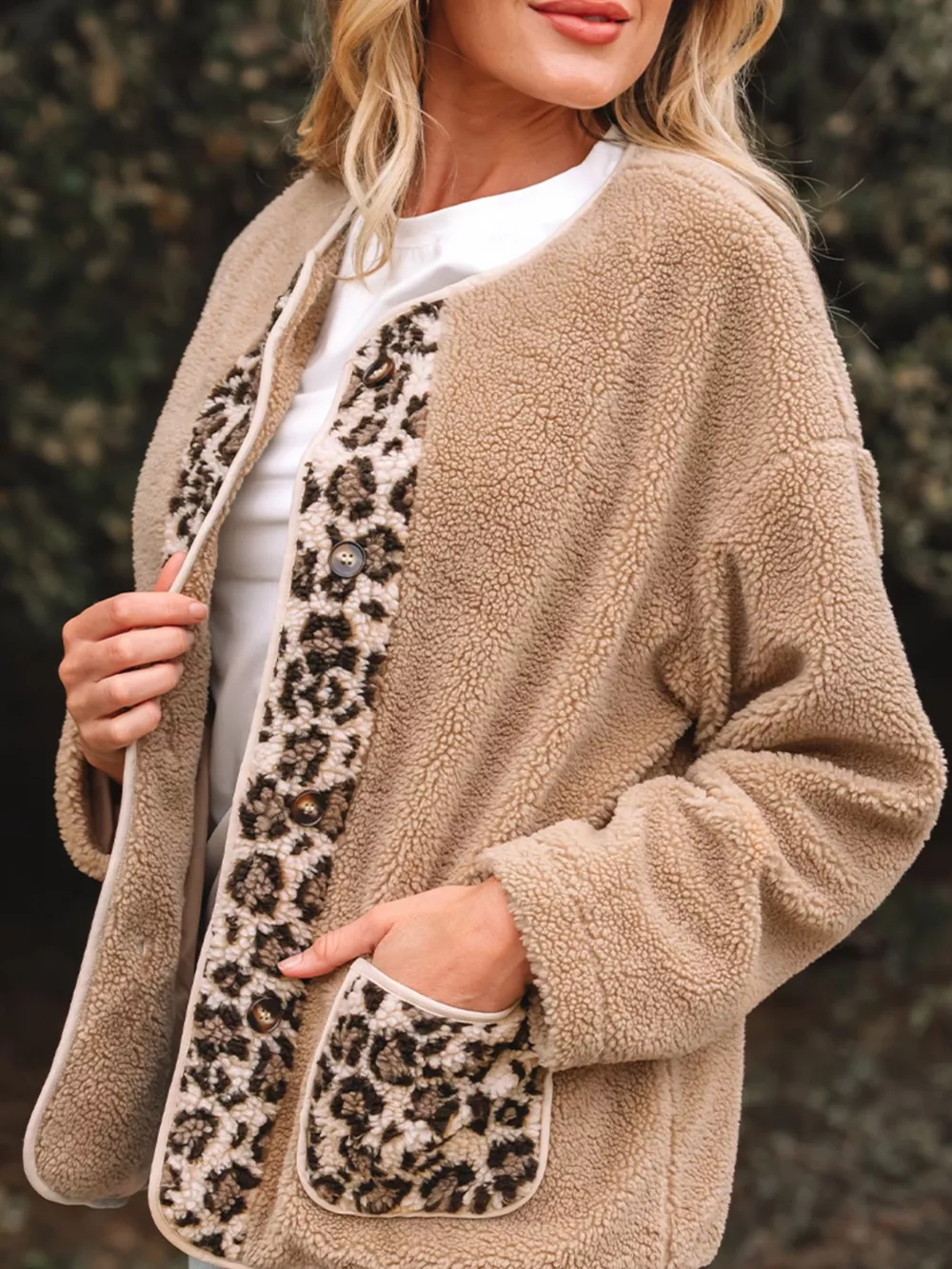 Casual Leopard Print Accent Plush Jacket with Pockets, image 2