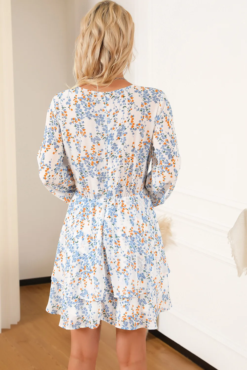 Printed Surplice Balloon Sleeve Mini Dress, image 3