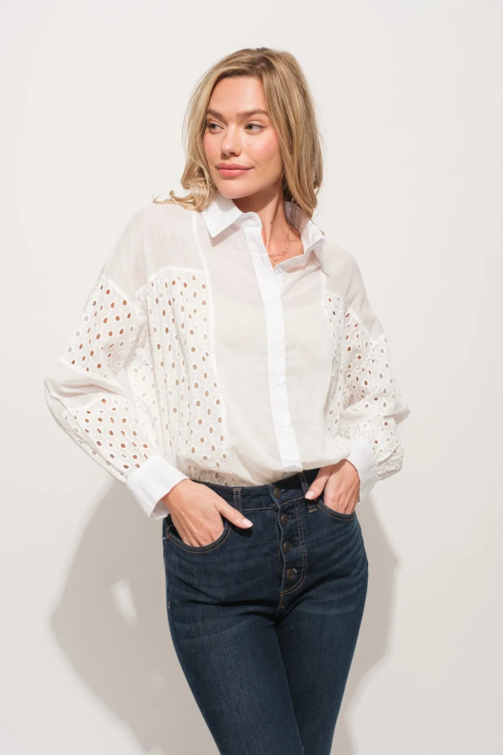 Eyelet Long Sleeve Button Down Shirt, image 2