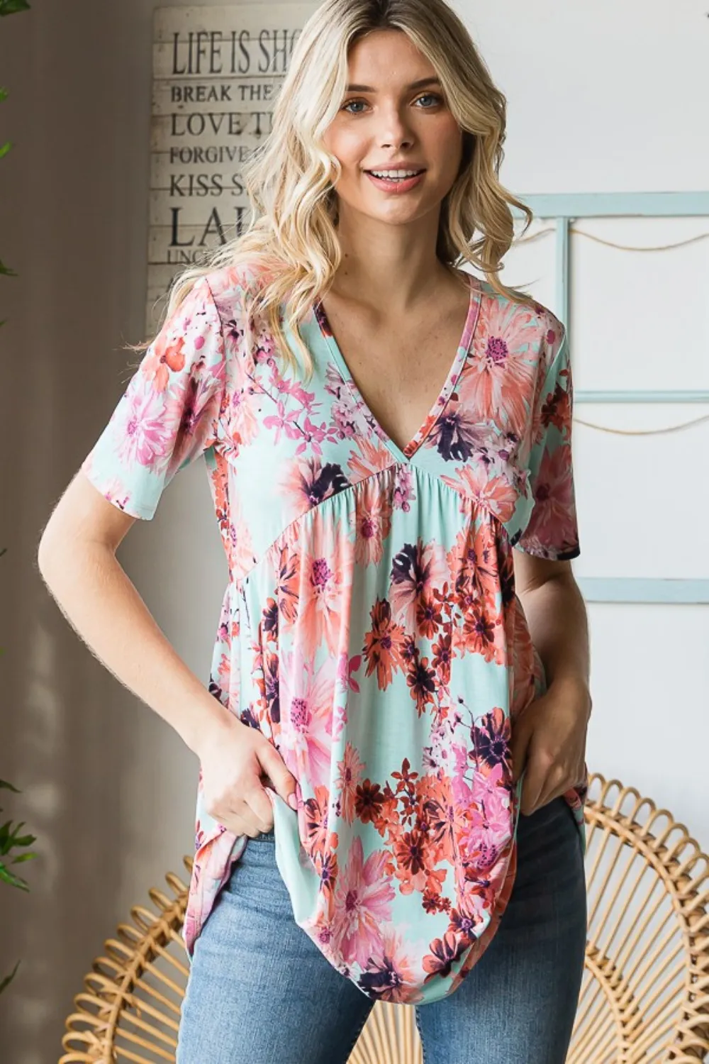 Full Size Floral V-Neck Short Sleeve Babydoll Blouse, image 6