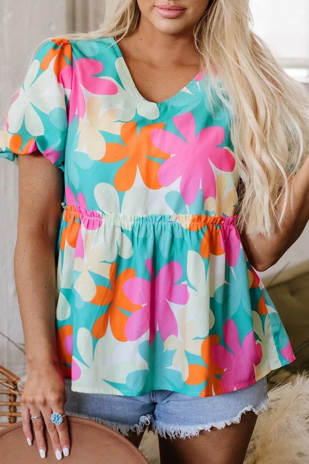 Floral Print Bubble Sleeve V Neck Peplum Blouse, image 6
