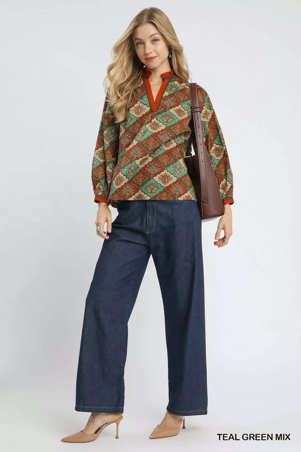Abstract Print Ruffle Neck Top, image 3