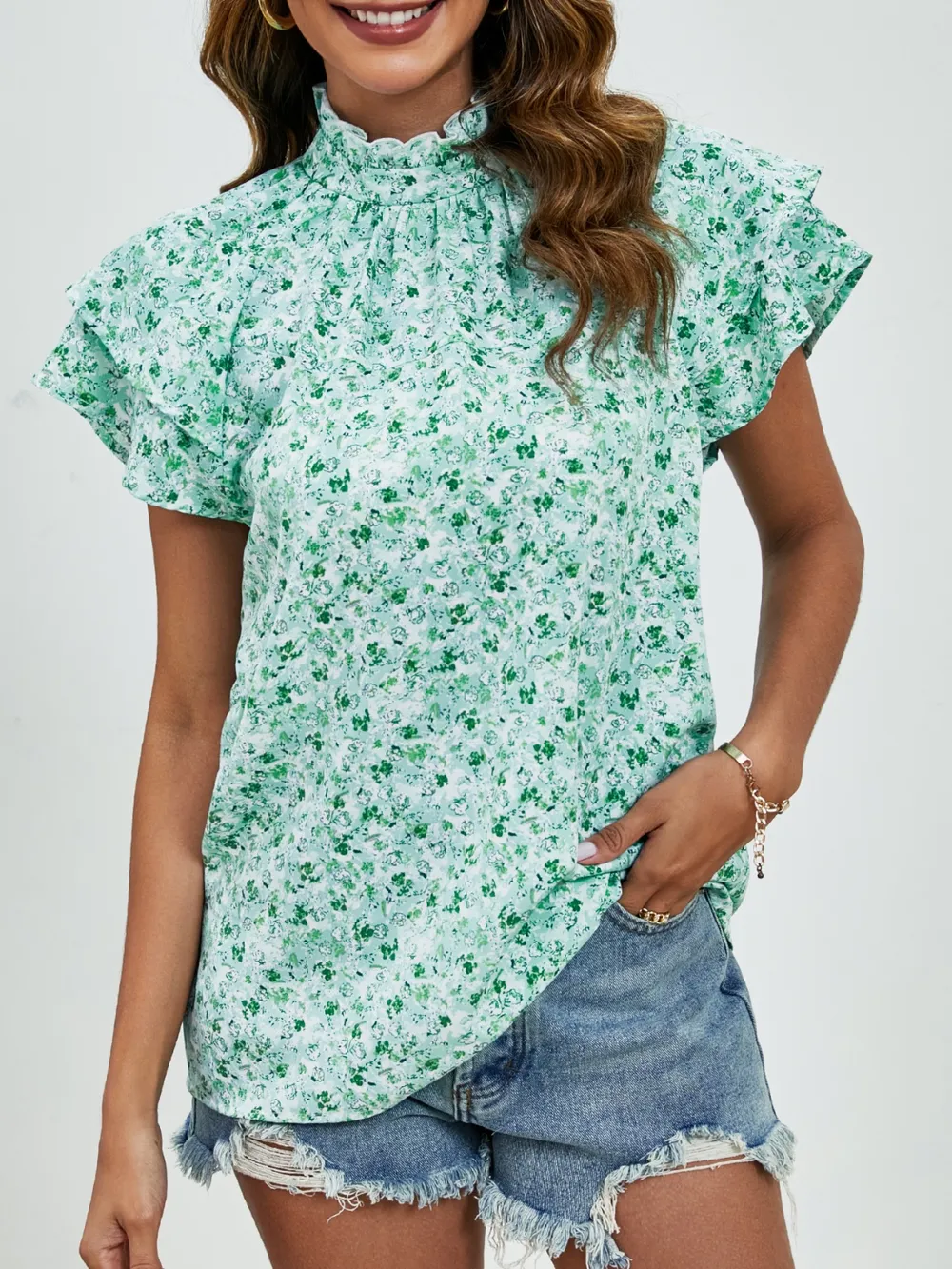 Ditsy Floral Mock Neck Flounce Sleeve Blouse, image 15