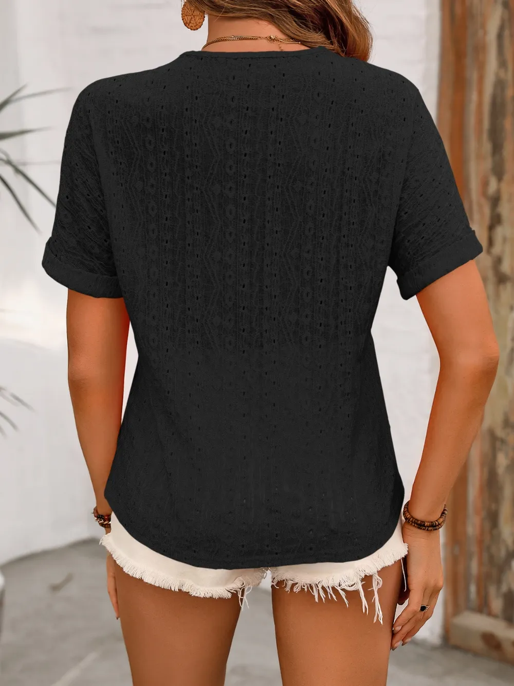 Eyelet V-Neck Short Sleeve Top, image 12