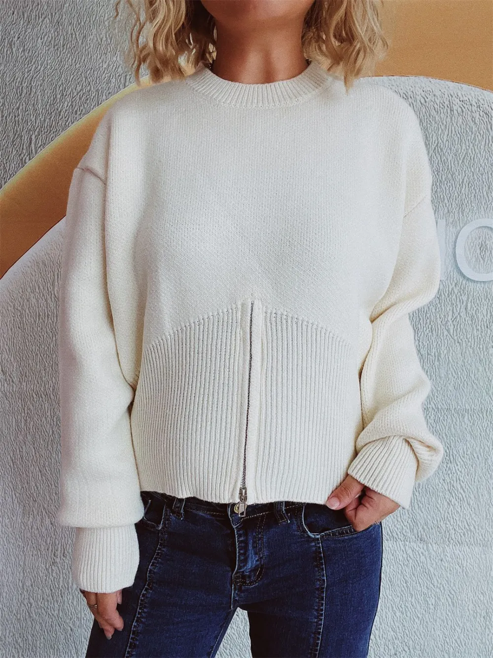 Round Neck Half Zip Long Sleeve Sweater, image 7