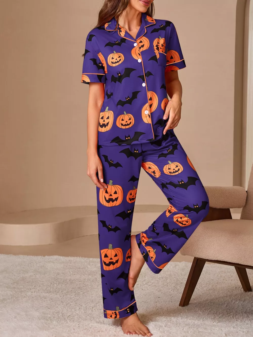 Halloween Pumpkin and Bat Print Button-Down Top and Pants Lounge Set, image 14