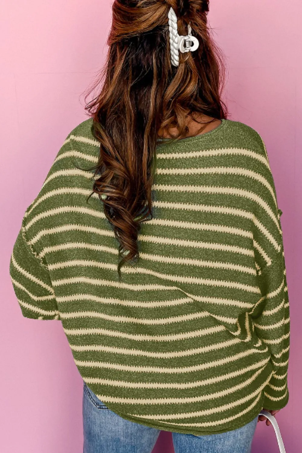 Striped Round Neck Dropped Shoulder Sweater, image 3