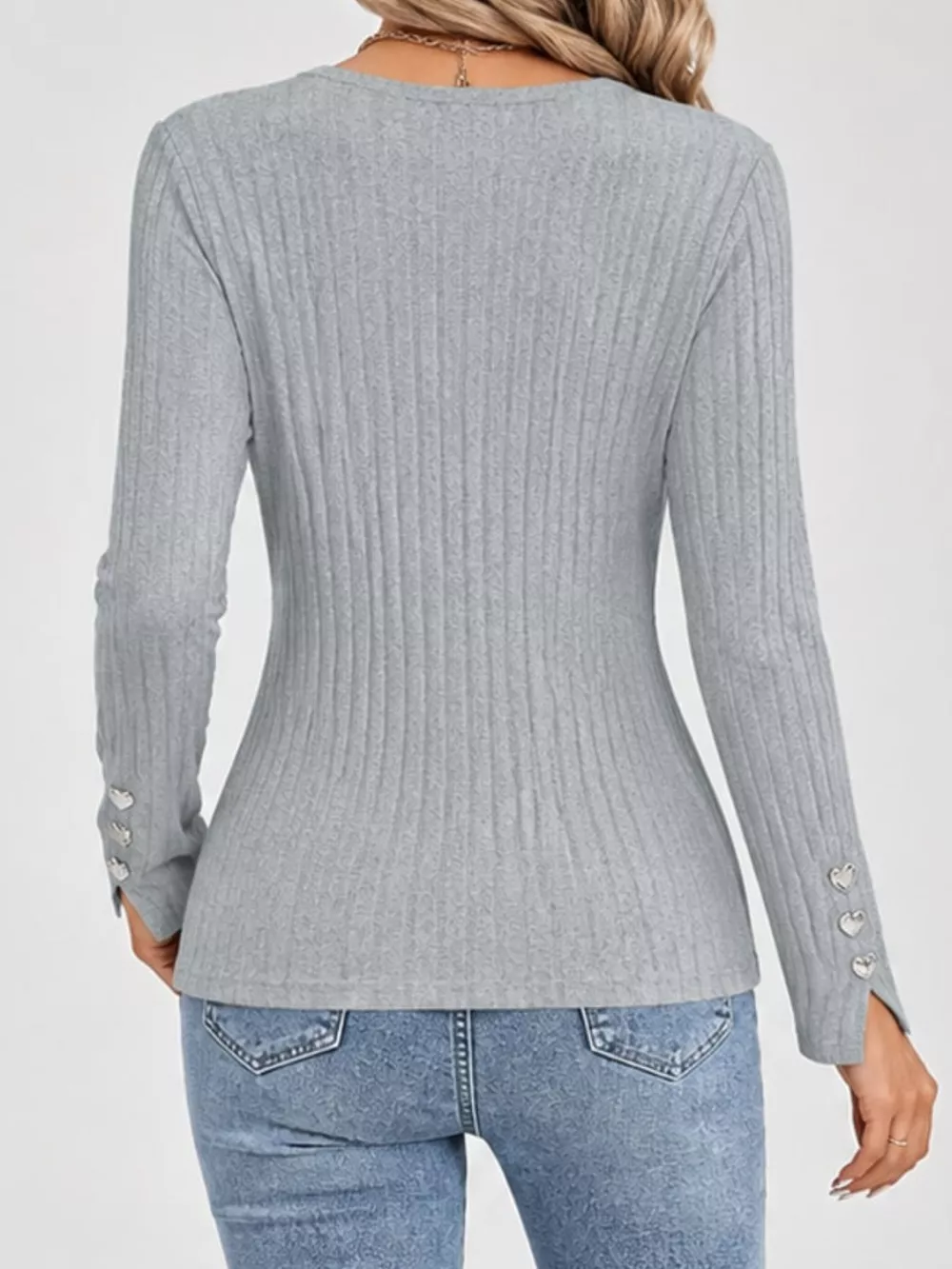 Lace Trim V-Neck Ribbed Knit Top with Heart Decor Cuffs, image 4