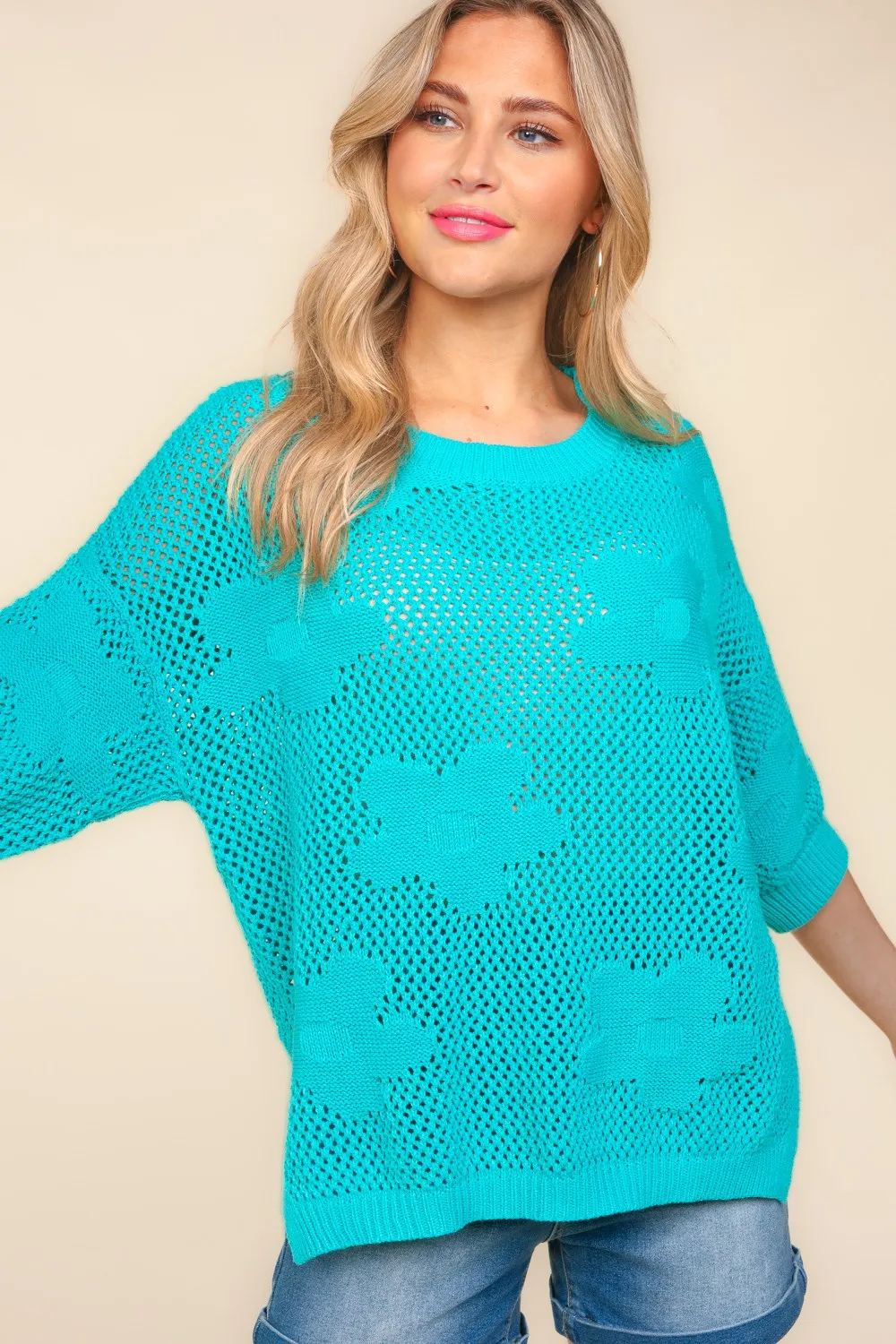 Floral Crochet Side Slit Knit Top, image 2