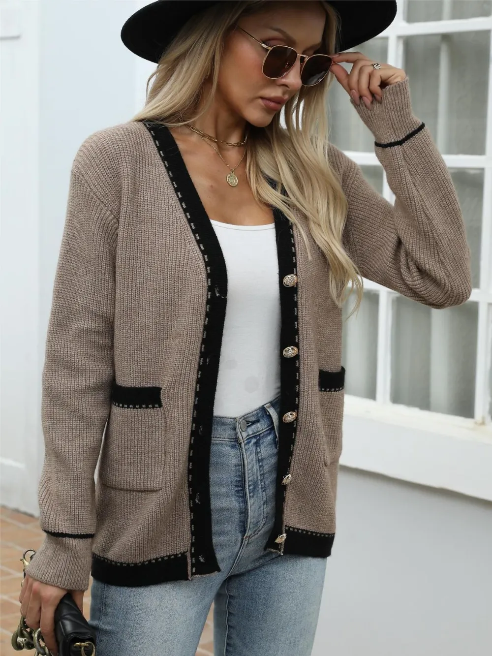 Contrast Trim Button Up Long Sleeve Cardigan, image 8