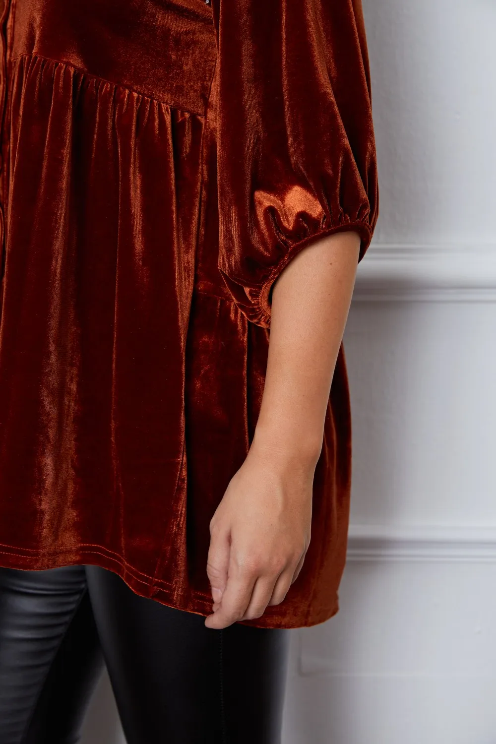Velvet Tiered Button Up Collared Neck Shirt, image 3