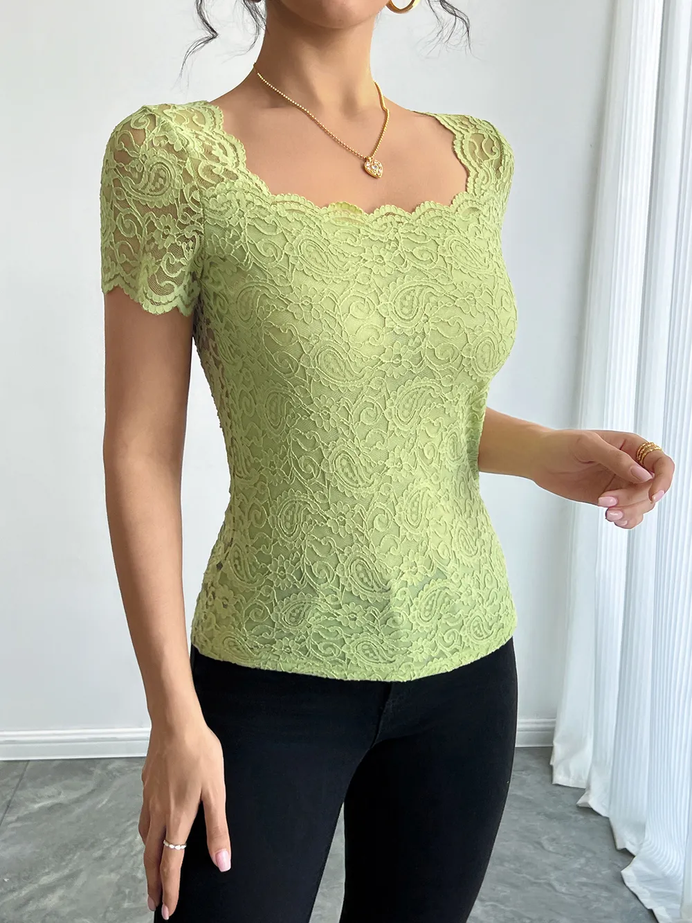 Floral Lace Square Neck T-Shirt, image 5