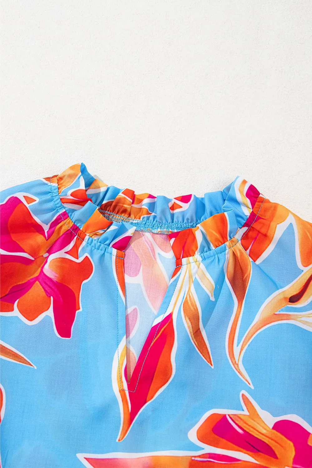 Floral Print Notched Pompom Trim Flutter Sleeve Blouse, image 3