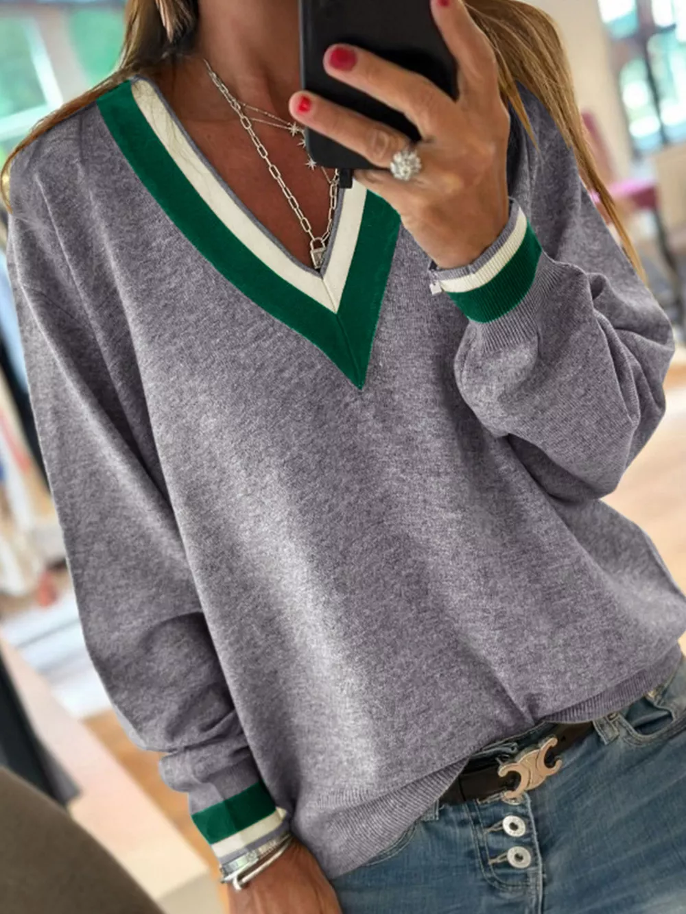 V-Neck Striped Trim Long Sleeve Sweater, image 3