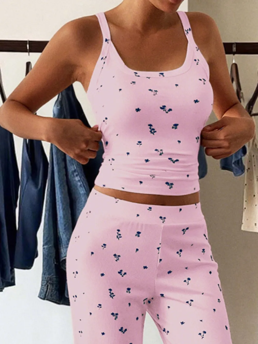 Floral Ribbed Cami and Wide Leg Pants Set, image 8