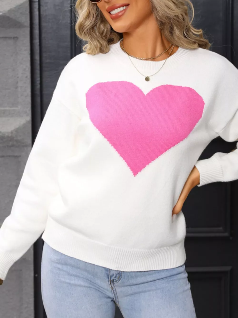 Valentine's Day Heart Round Neck Dropped Shoulder Sweater, image 6