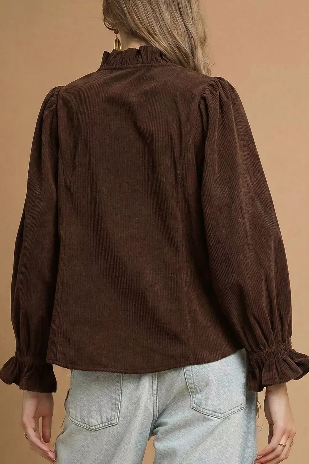 Solid Color Ruffle Trim V Neck Long Sleeve Button Corduroy Shakcet, image 2